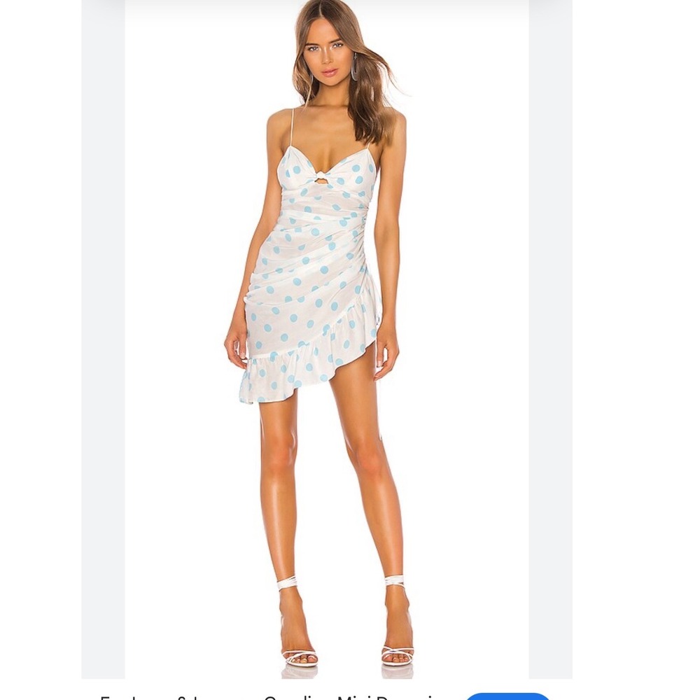 For Love & Lemons Coralie Mini Dressā Blue White Polka Dot Ruched Ruffle Medium